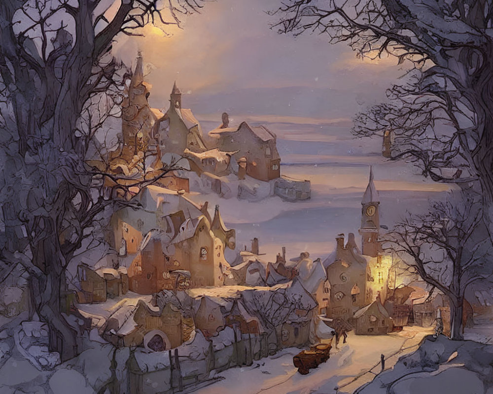 Snowy village at dusk: Horse-drawn sleigh, glowing windows