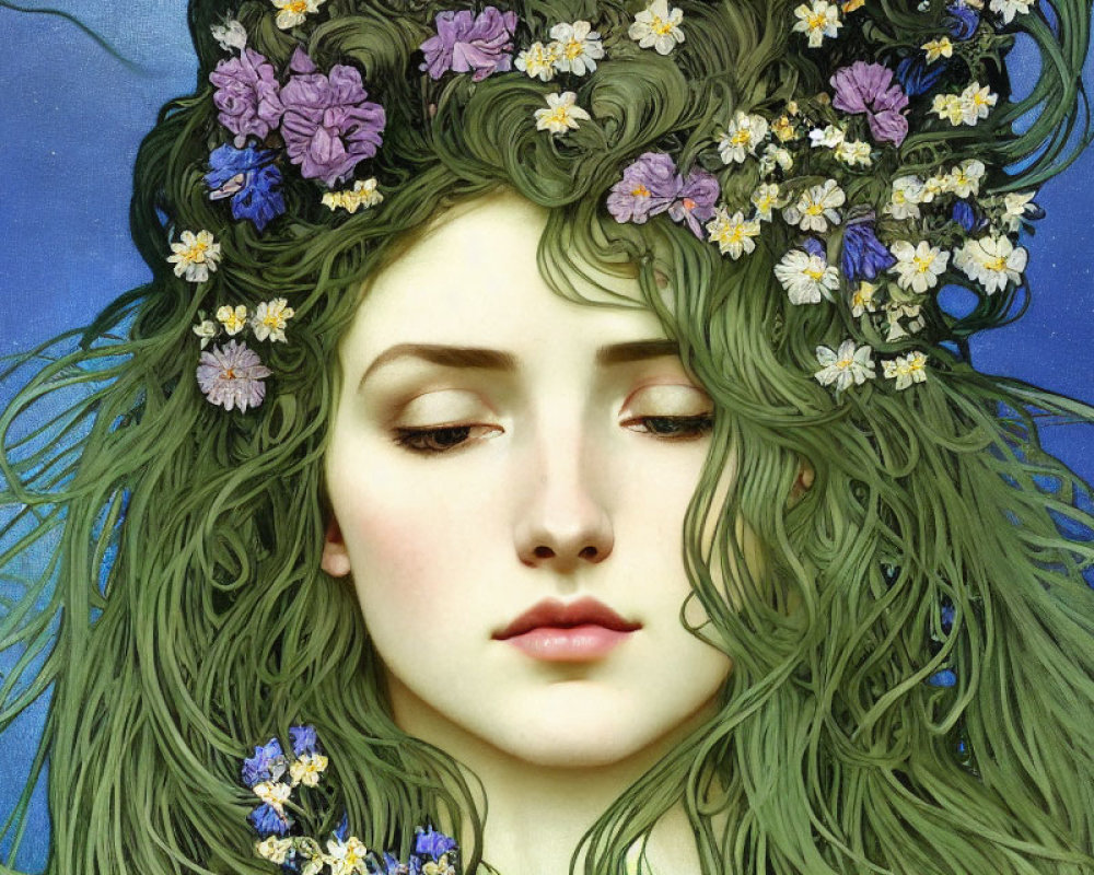 Portrait of Woman with Flowing Green Hair and Flower Wreath on Blue Background