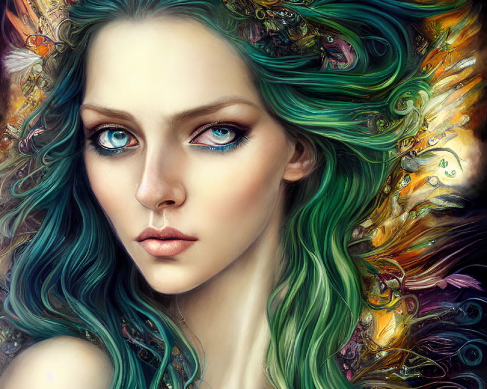 Ethereal woman with swirling green hair and ornate accessories