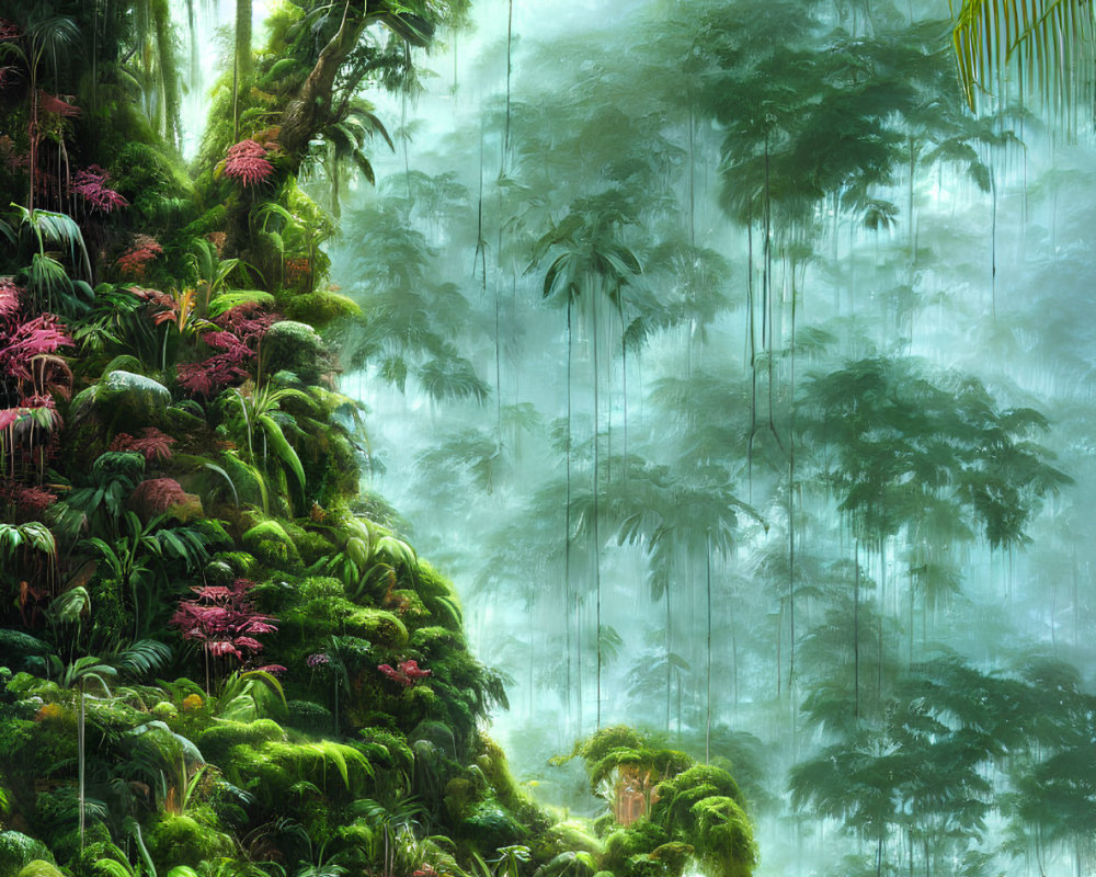 Lush Green Forest with Pink Flowers and Misty Atmosphere