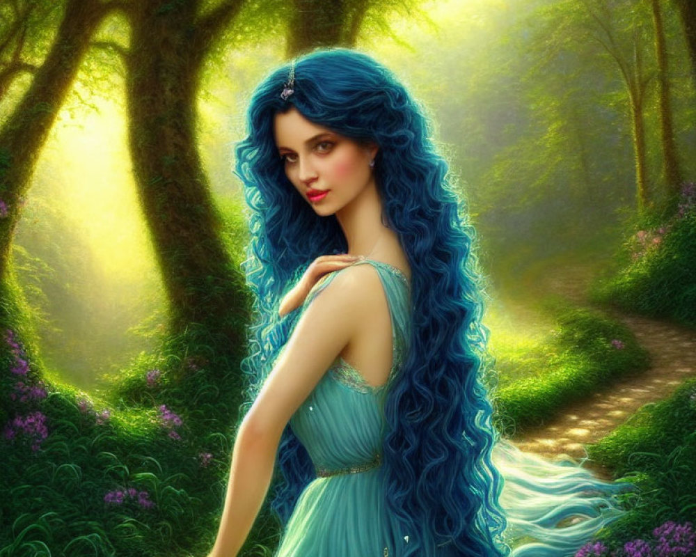 Blue-haired woman in green forest with sunlight, blue dress, looking back