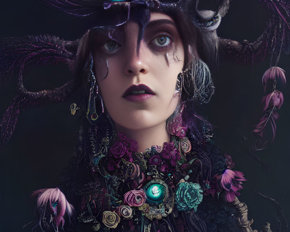 Ornate dark headpiece with feathers and jeweled eye-centerpiece portrait.