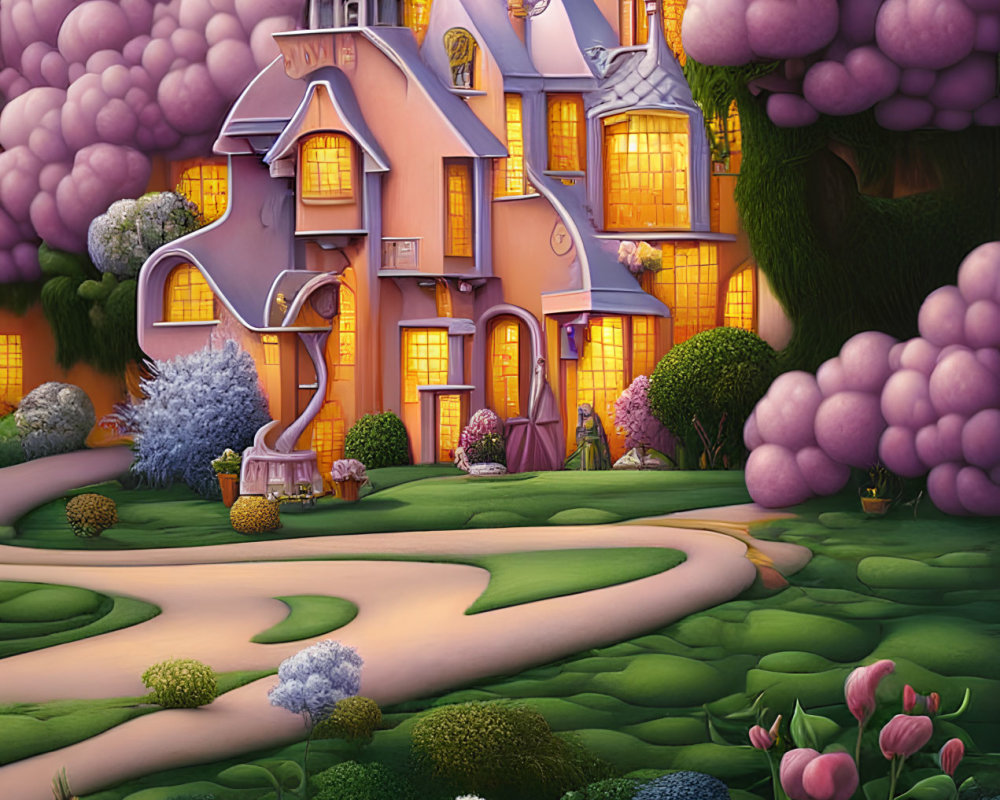 Colorful illustration of a cozy orange house with purple towers in a whimsical garden setting at twilight