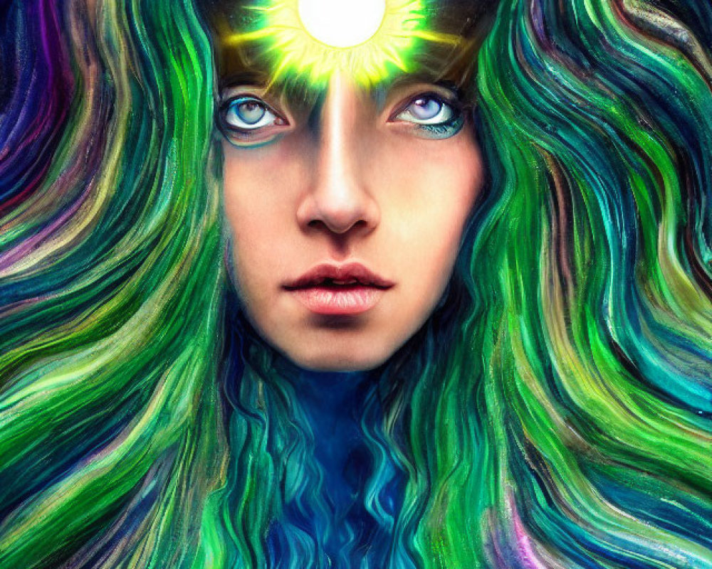 Colorful portrait with luminescent orb and cosmic aurora hair