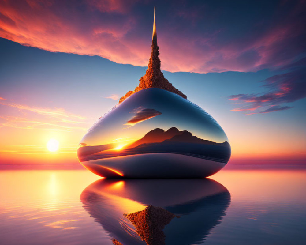 Surreal landscape with reflective egg-shaped object and spire against vibrant sunset and calm waters