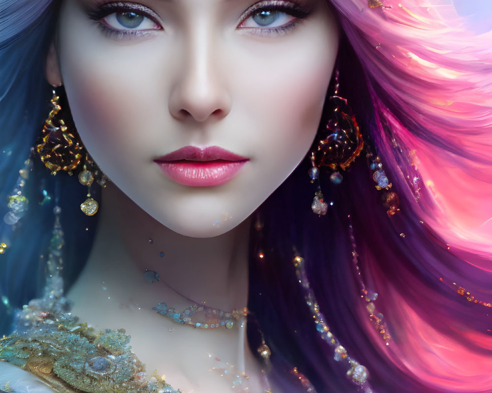 Illustration of woman with blue eyes, golden jewelry, pink and purple hair