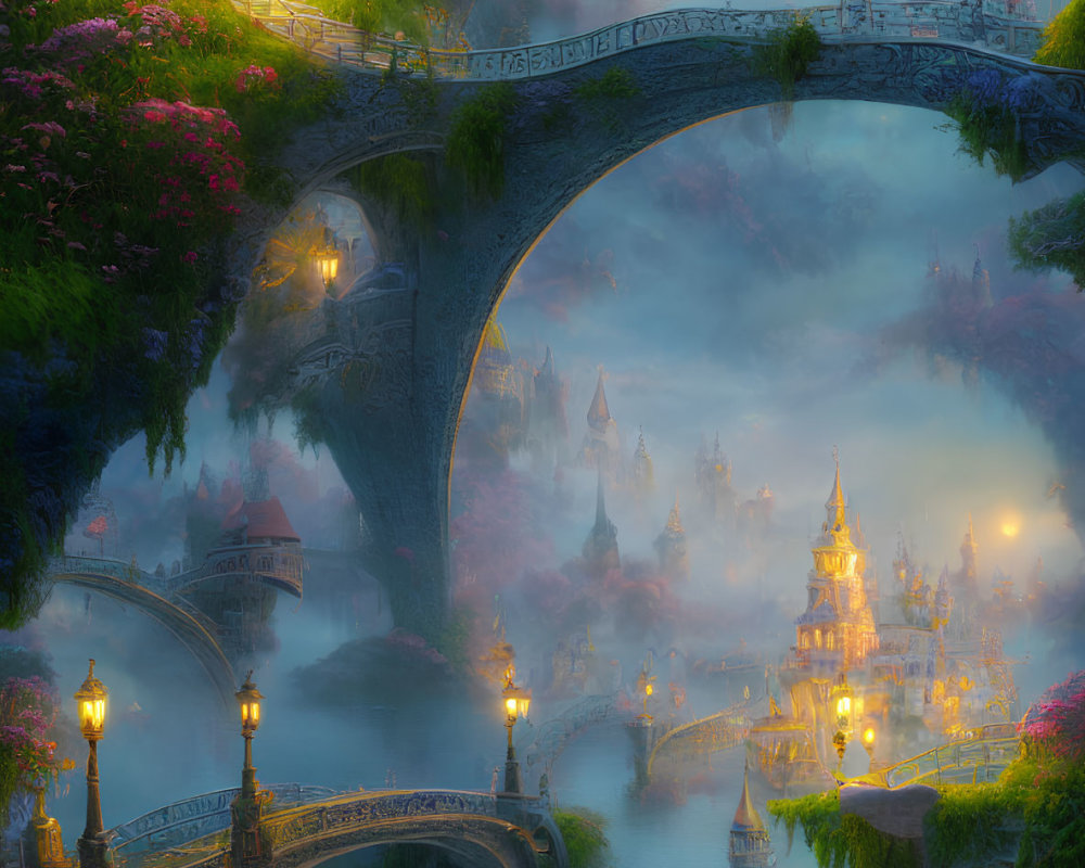 Twilight fantasy landscape with illuminated bridges, misty buildings, and flowering trees