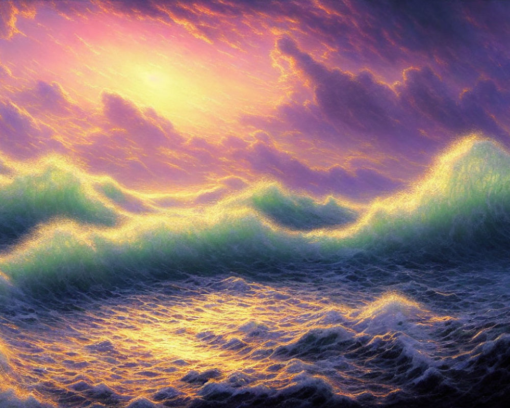 Vibrant digital artwork: Luminous ocean waves under dramatic sunset sky