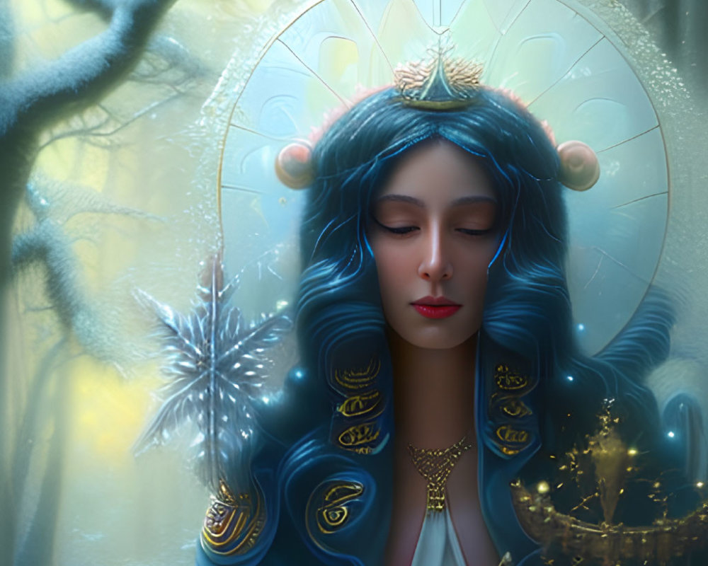 Blue-haired woman with halo in regal attire in mystical forest