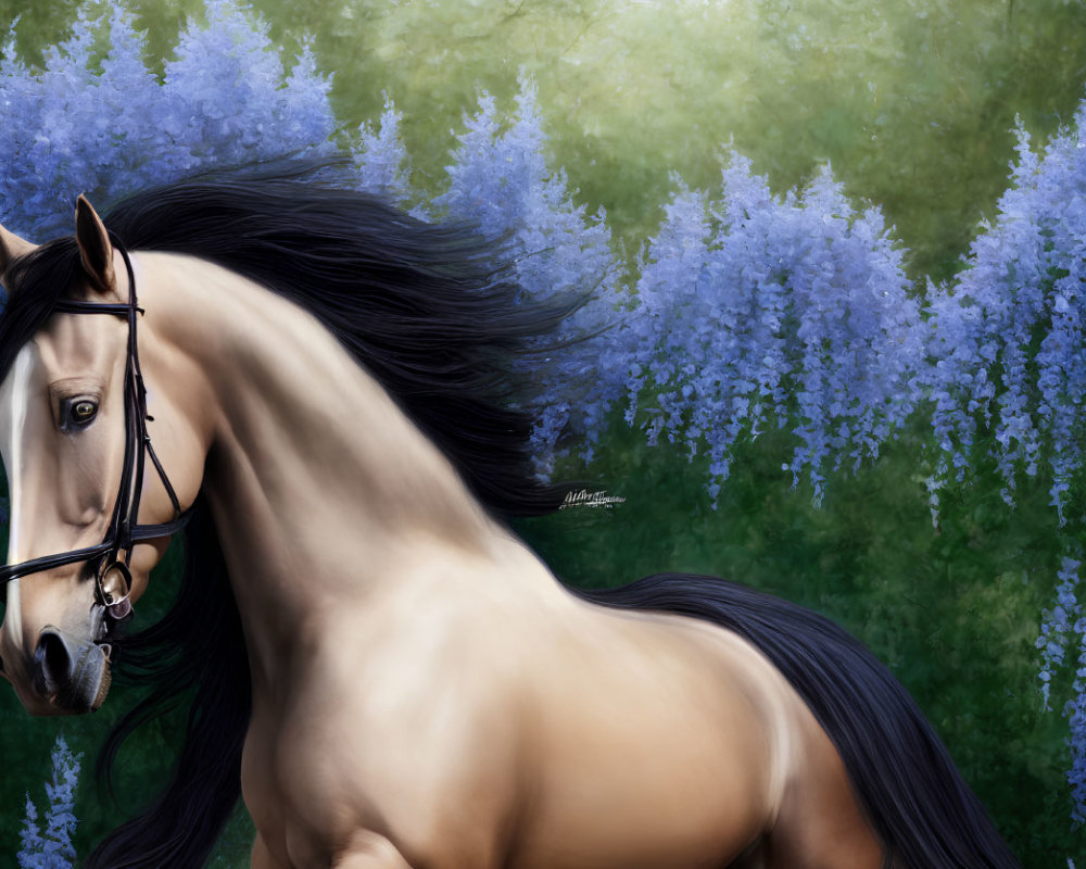 Brown horse with black mane and blue bridle in purple wisteria field