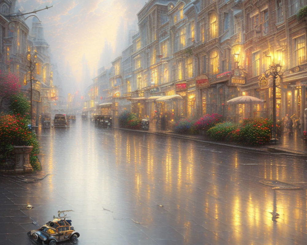 Vintage car on rain-soaked cobblestone street in old European city at dusk