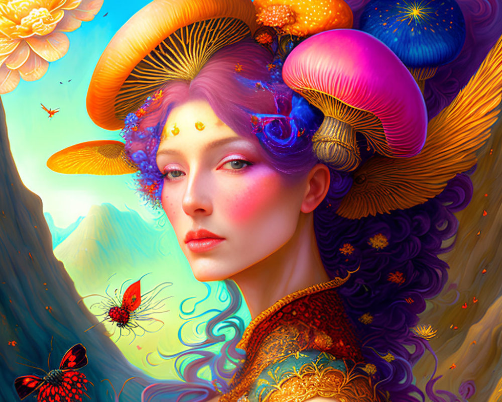 Colorful Mushroom Cap Fantasy Portrait with Butterflies and Celestial Backdrop