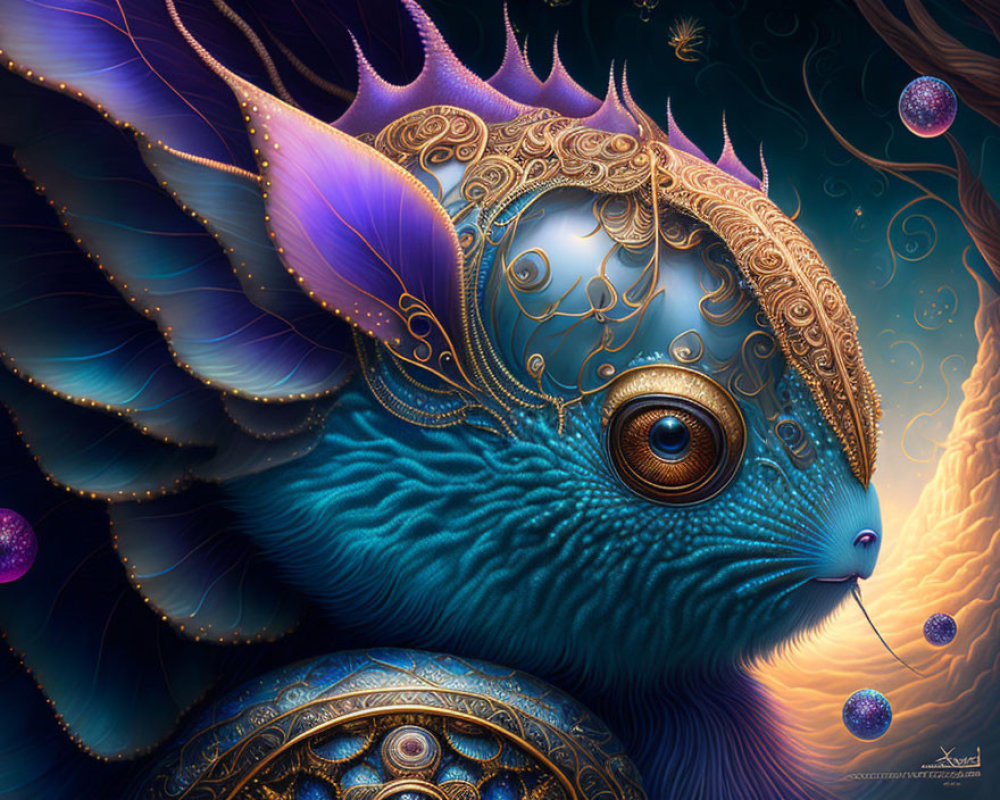 Blue Creature with Golden Markings and Crown in Bubble-filled Scene