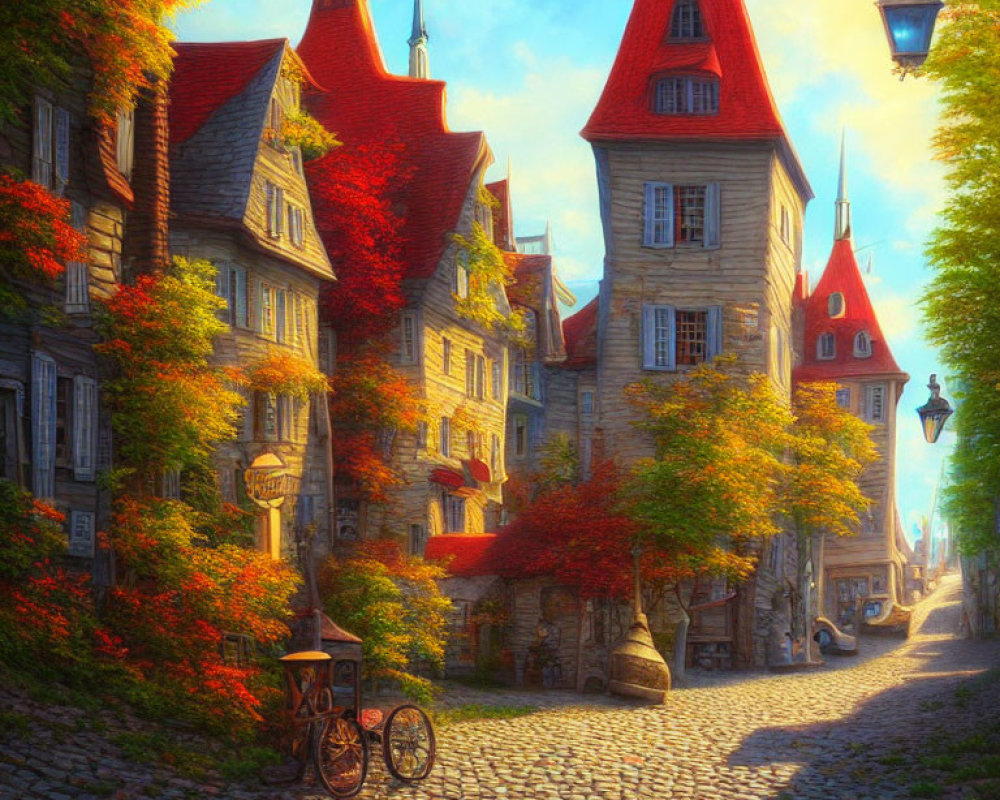 Medieval-style buildings with autumn foliage on cobblestone street