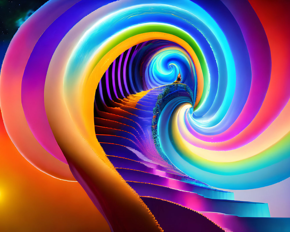 Colorful Rainbow Fractal Spiral on Starry Sky Background