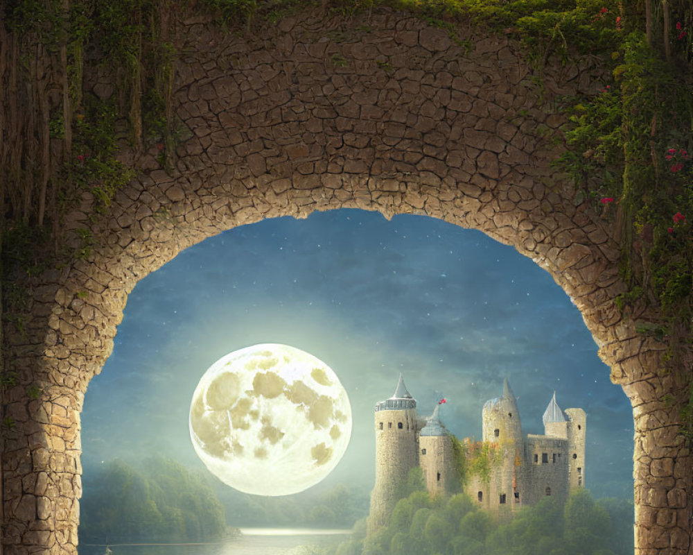 Stone arch frames lake, medieval castles, vivid moon in twilight sky