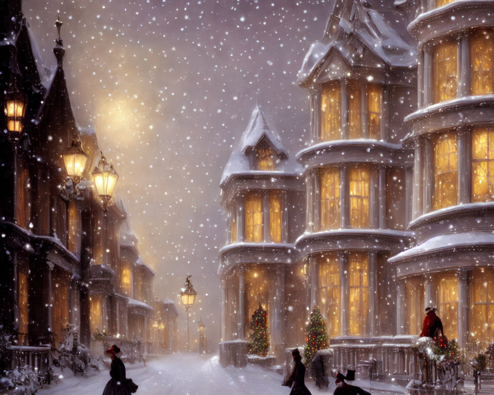 Victorian-style snowy street scene with Christmas decorations