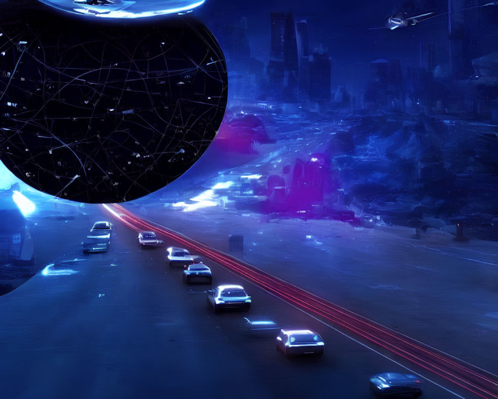 Nighttime futuristic cityscape with highway traffic and hovering flying saucers.