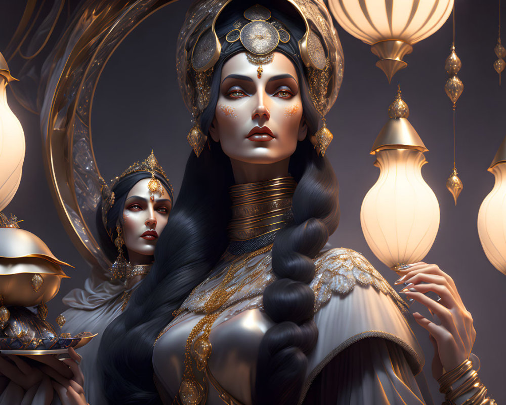 Ornate golden headpieces and jewelry on two women with glowing lanterns in the background