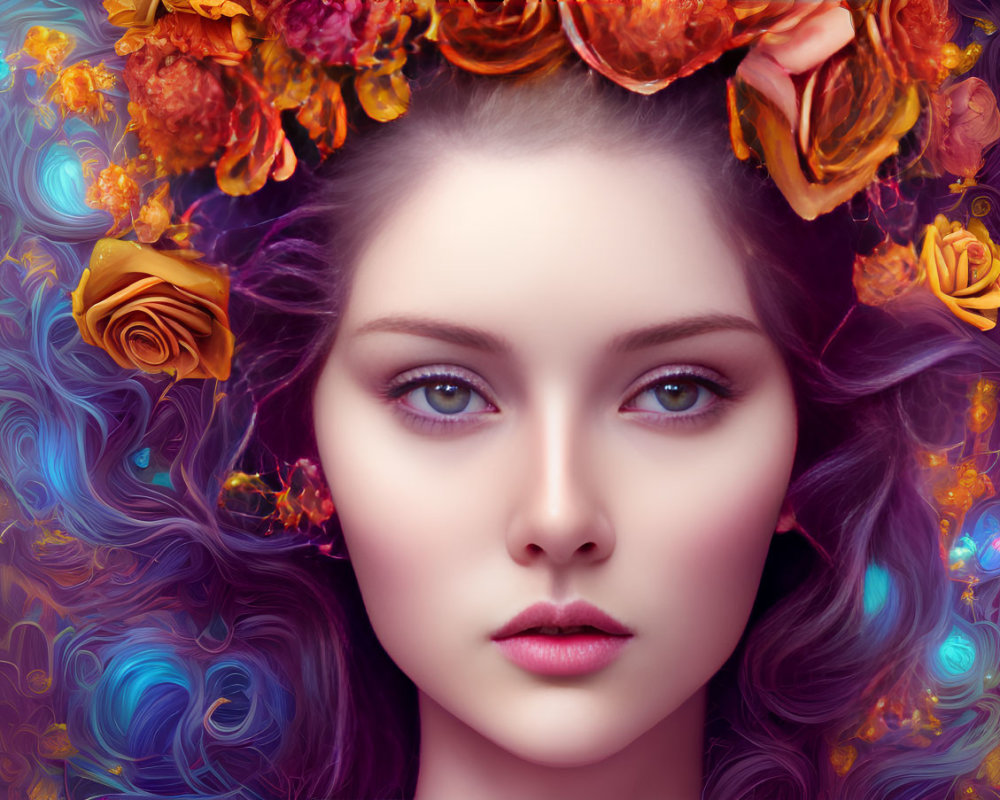 Violet-haired woman with intense eyes and floral adornments on whimsical purple backdrop