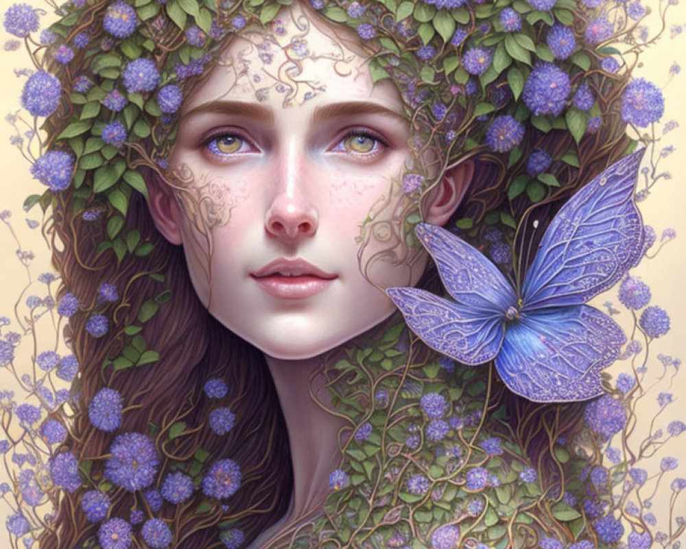 Surreal portrait of woman with floral hair and butterfly