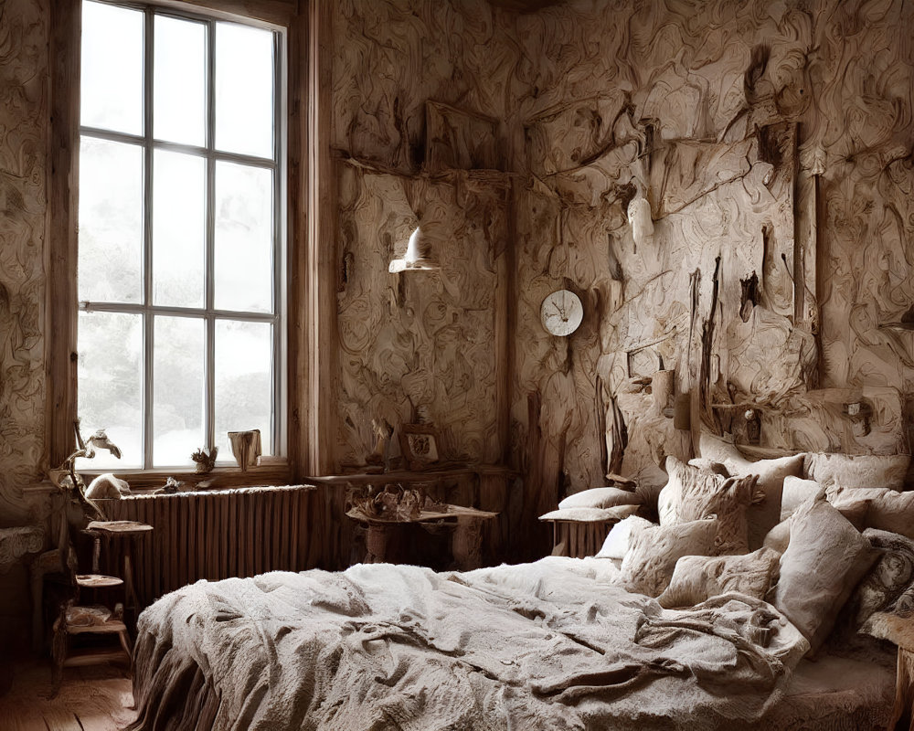 Rustic bedroom with sculpted wood art, wooden furniture, cozy bed, and vintage interior