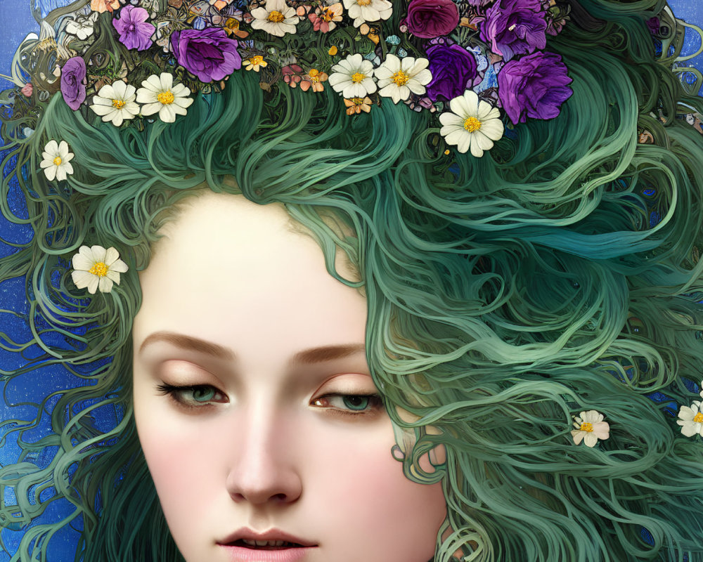 Colorful Flower Adorned Woman with Green Hair in Celestial Background