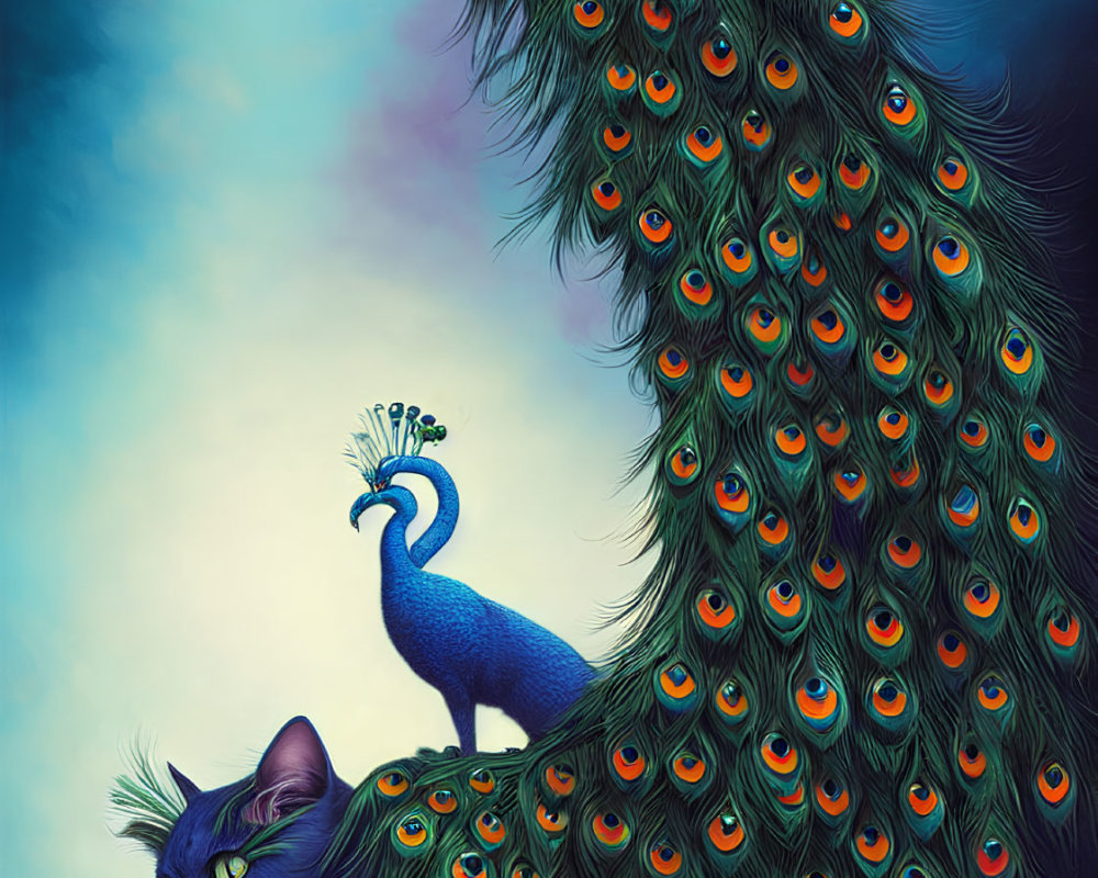 Colorful Peacock and Black Cat Illustration on Blue Gradient Background