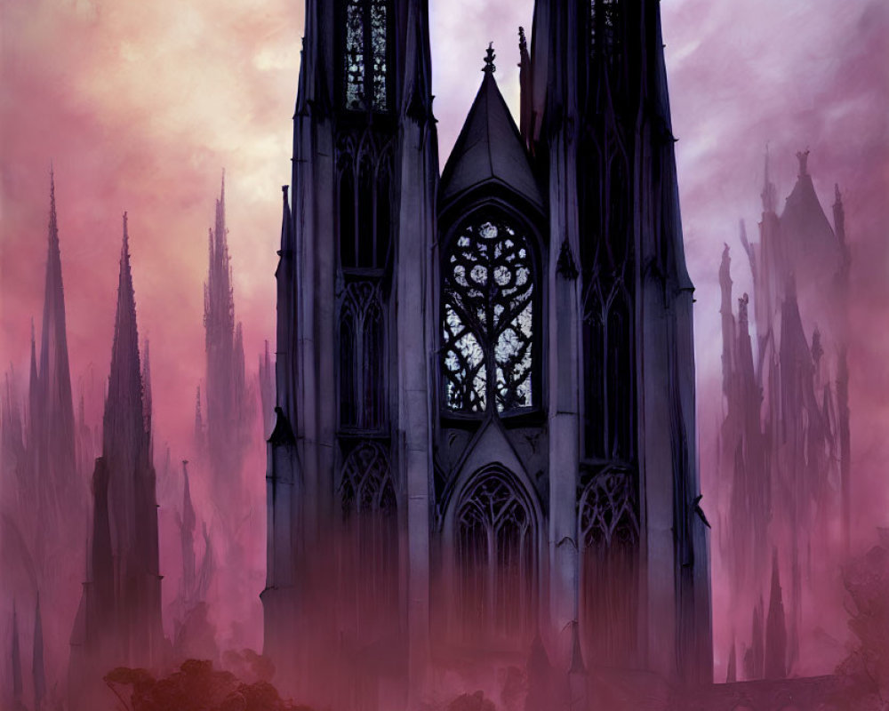 Gothic cathedral silhouette with rose window in misty landscape