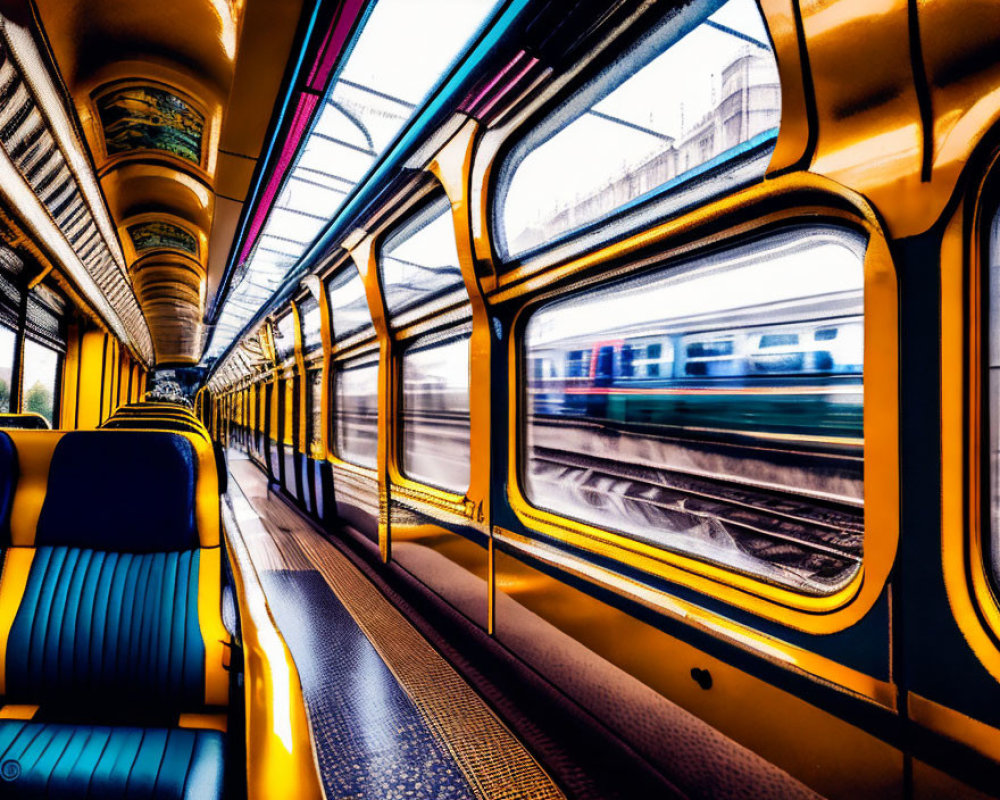 Vividly Colored Empty Train Carriage with Blue Seats and Yellow Windows