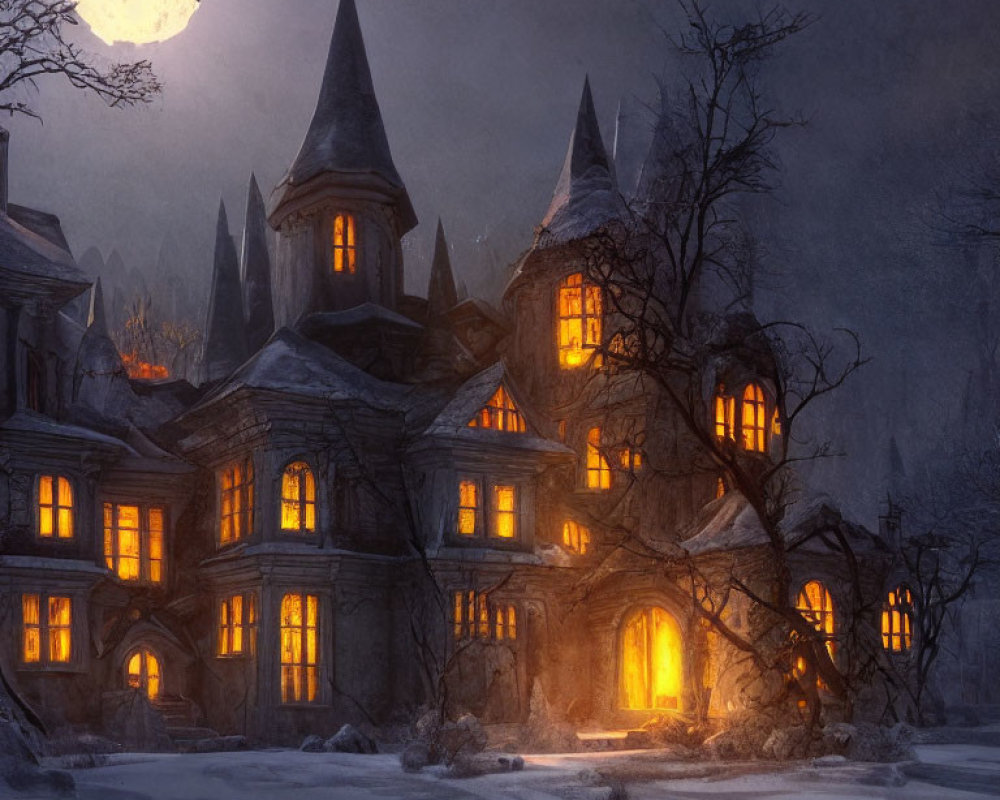 Gothic-style mansion under full moon with warm glow on snow