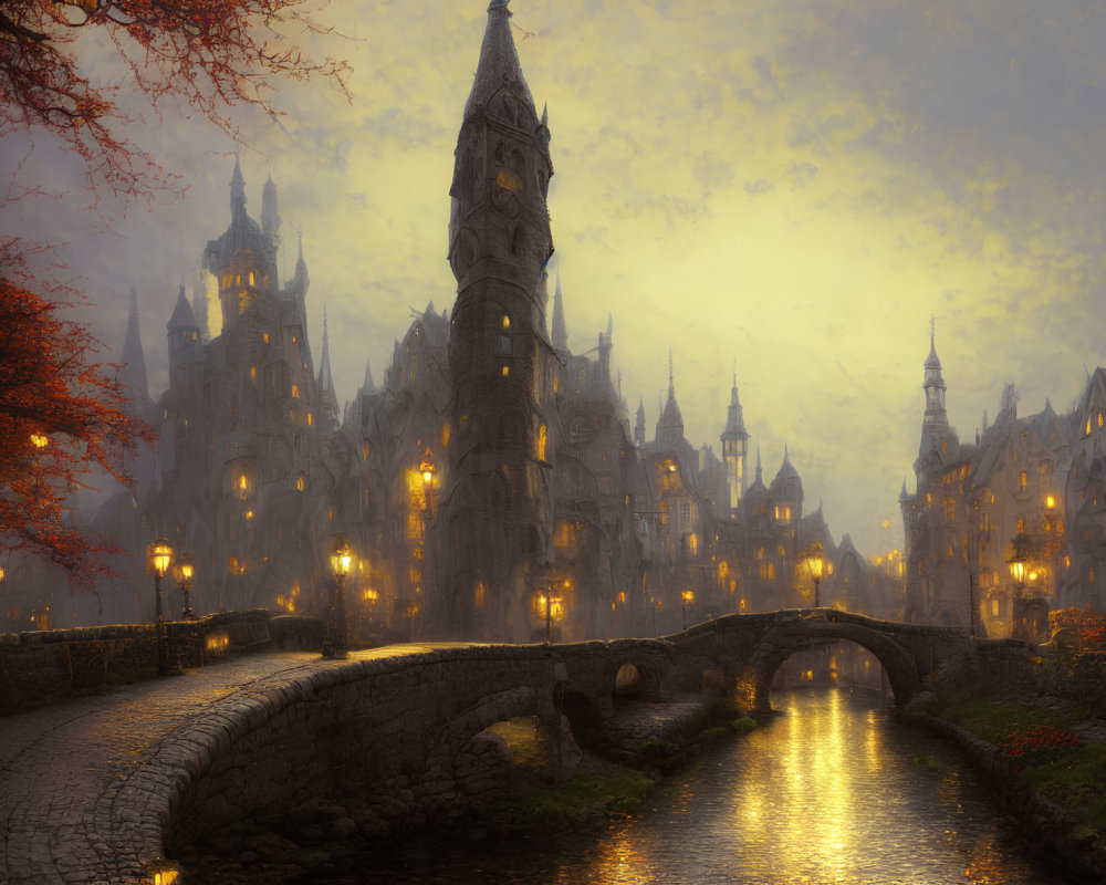 Medieval fantasy cityscape at twilight with stone buildings, spire, bridge, and autumn foliage