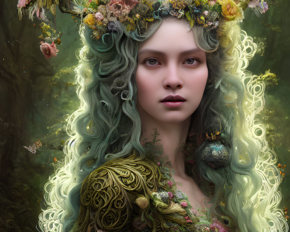 Mystical woman with teal and blonde hair in floral crown on forest backdrop