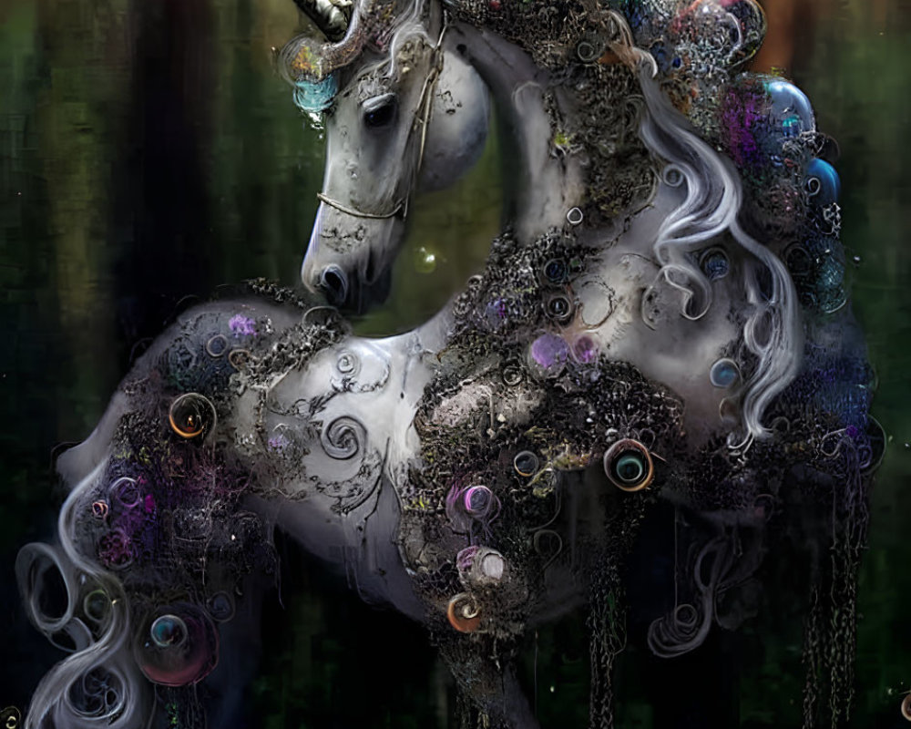 Ethereal unicorn with mechanical parts in mystical green and brown setting