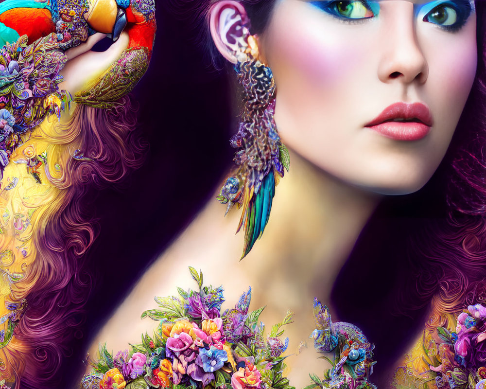 Colorful portrait of a woman with flowing hair, flowers, parrot, and feathered earrings