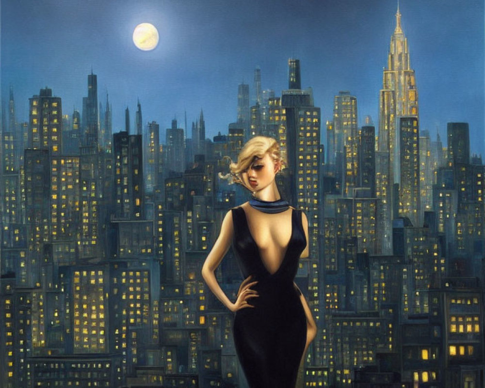 Stylish woman in black dress against twin-moonlit cityscape