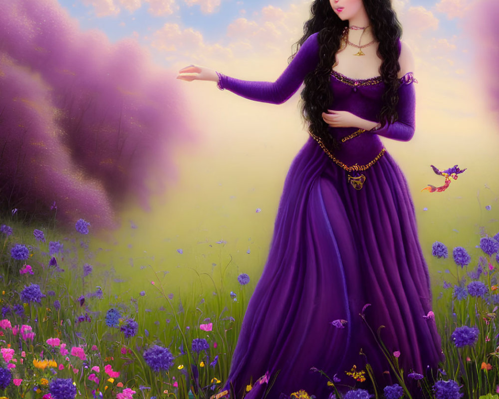 Illustration of woman in purple dress with bird in colorful meadow