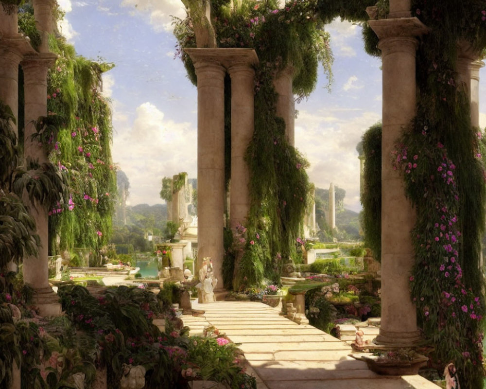 Tranquil garden with tall columns and purple flowers