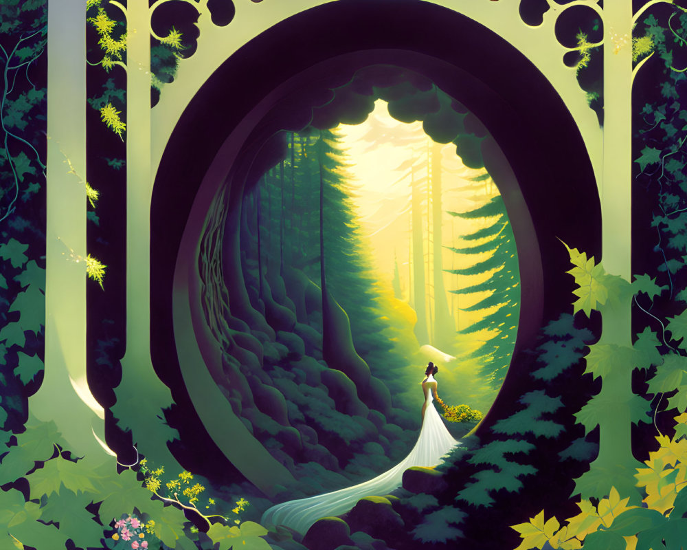 Solitary figure in forest tunnel entrance with warm light and lush greenery