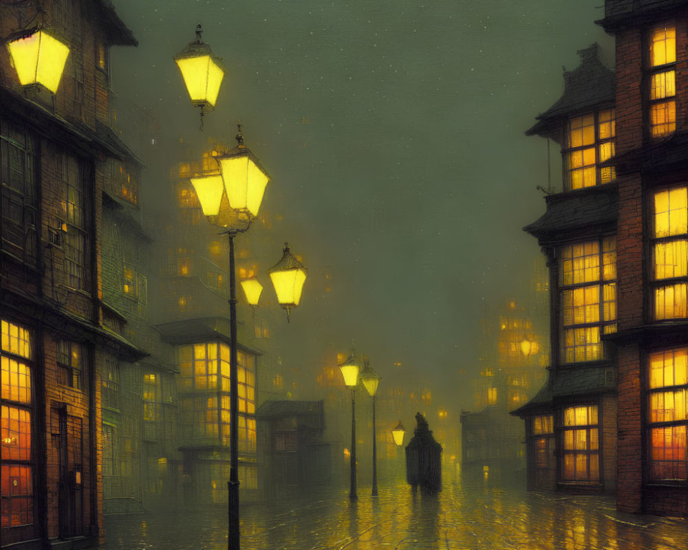 Foggy cobblestone street at night with glowing street lamps and old-fashioned buildings.