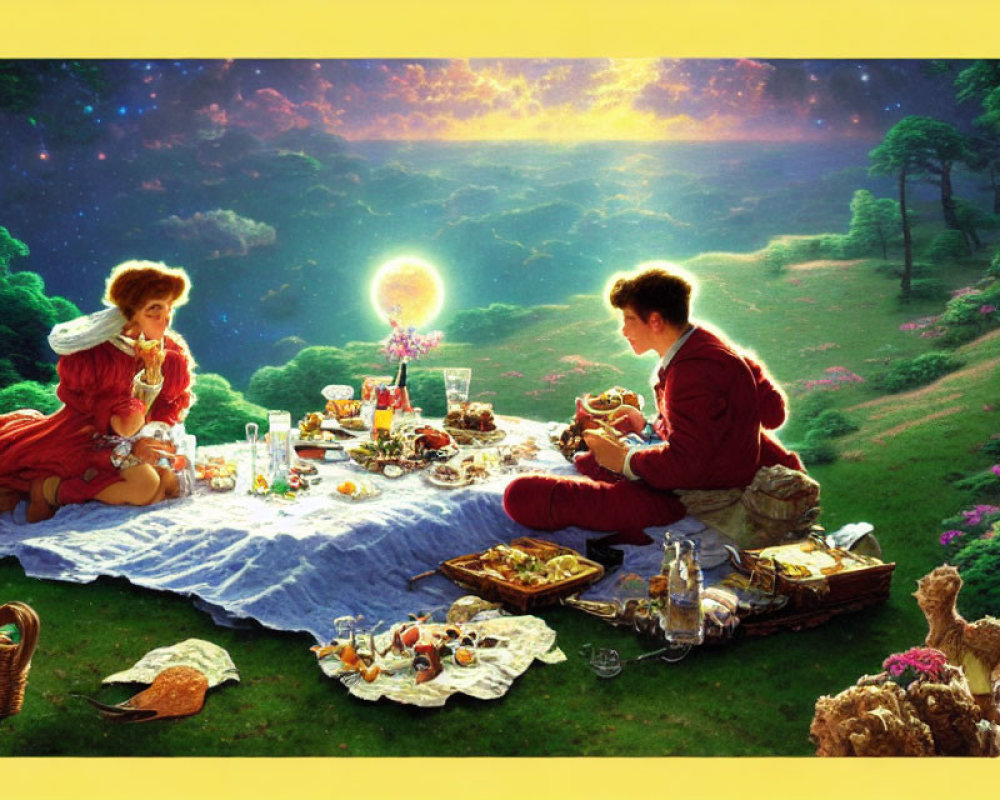 Whimsical artwork of couple on lavish picnic under cosmic sky