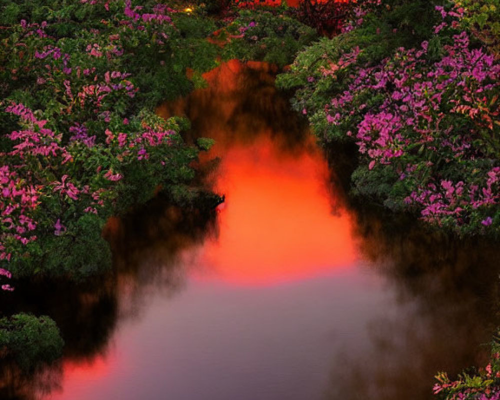 Tranquil stream reflecting vibrant pink and orange sunset