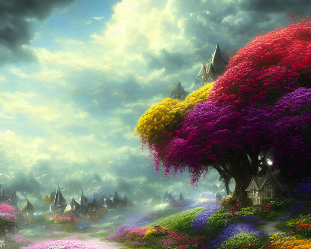 Fantasy landscape with colossal tree, castle, colorful flora, and dramatic sky