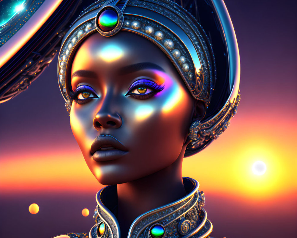 Digital artwork of a woman in ornate headdress and armor against sunset backdrop