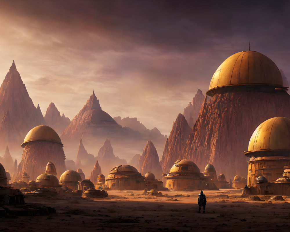 Desert settlement with dome-shaped structures under hazy orange sky