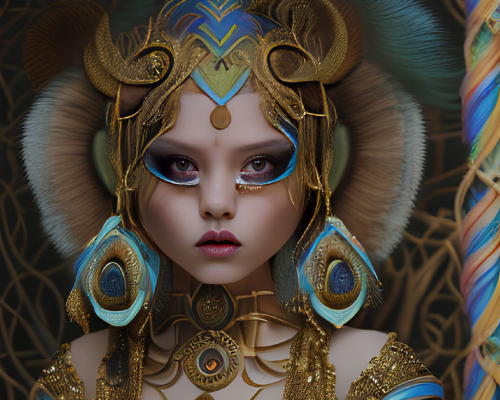 Elaborate gold and blue headdress on female figure in digital artwork