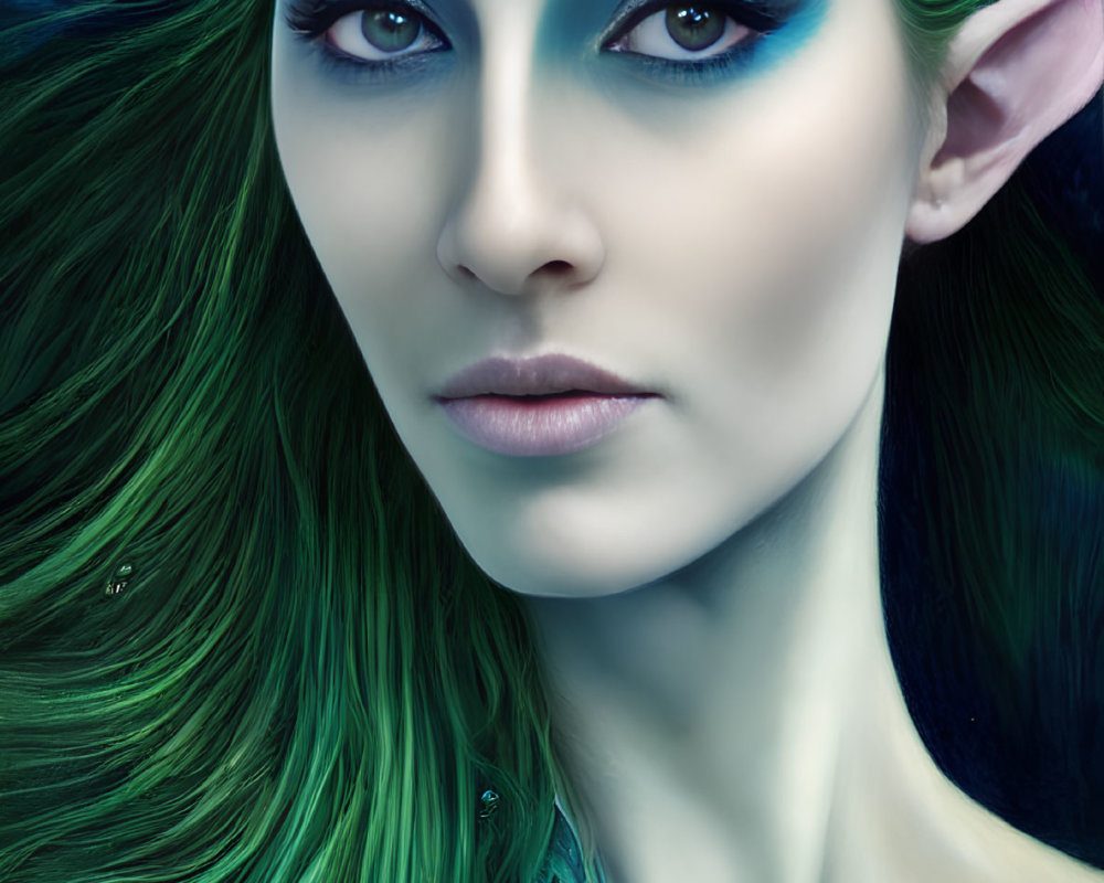 Fantasy Elf Character with Blue Eyes and Green Hair