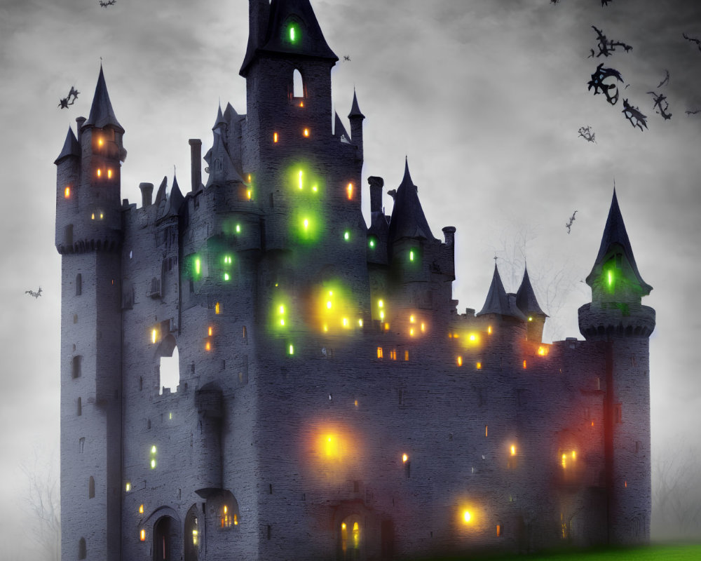 Spooky castle night scene with flying witches and colorful lights