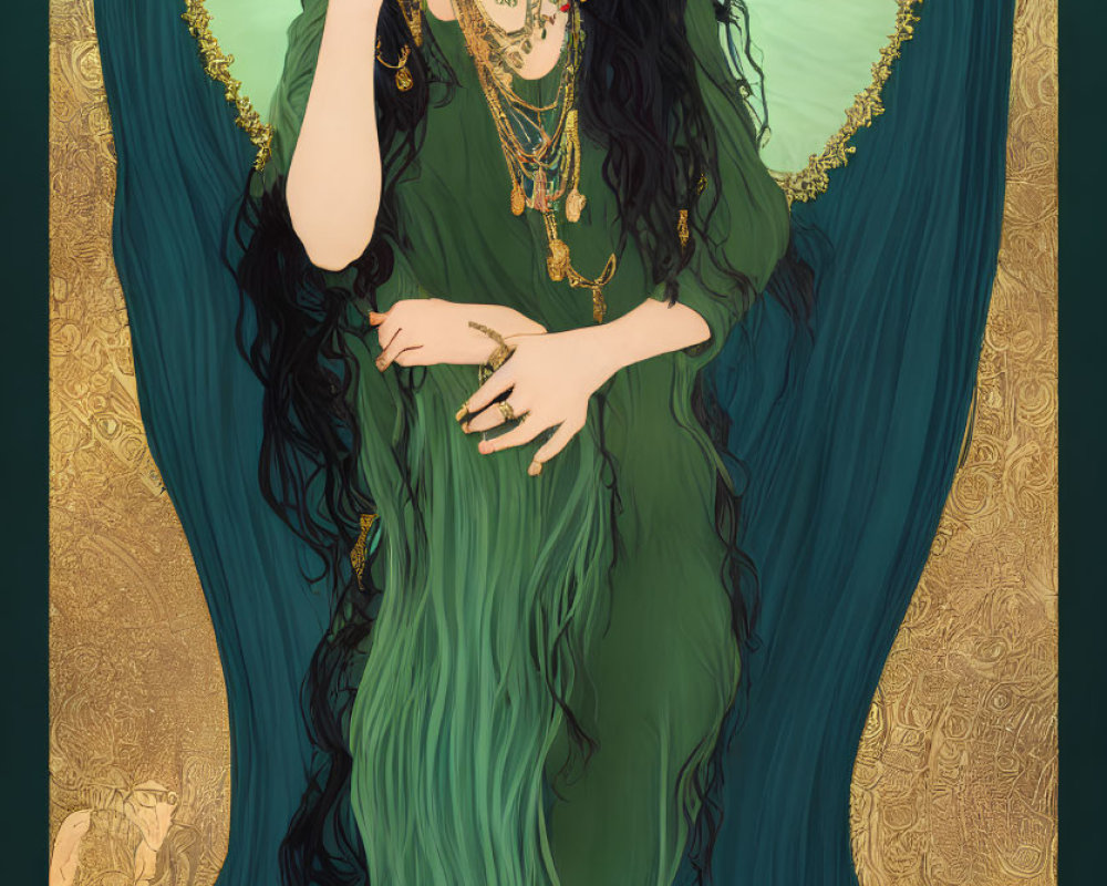 Stylized portrait of woman in green dress with gold details in Art Nouveau style