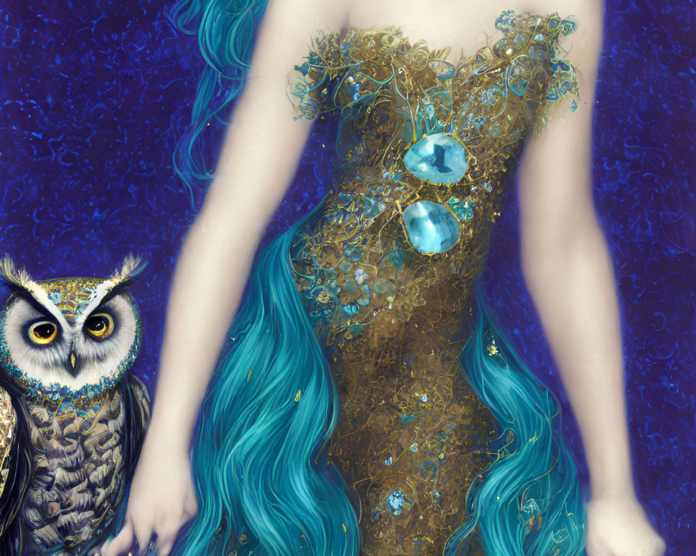 Fantastical illustration of a woman in gold attire with teal hair and stylized owl on blue background